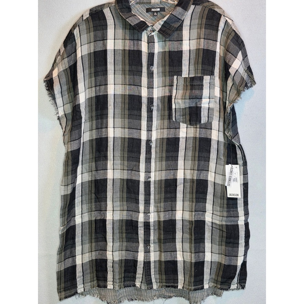 Jackson Mens XL Olive Plaid Extended Length DIY Cut Off Distressed Shirt NWT